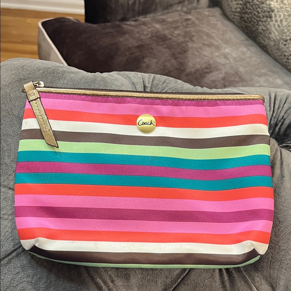 Coach Pink and Green Striped Cosmetic Bag